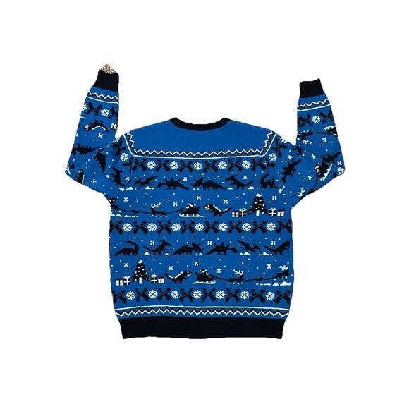 Excision Christmas Sweater Blue Pixelated Pattern Dinosaurs Men’s Size Large EUC - Picture 4 of 10